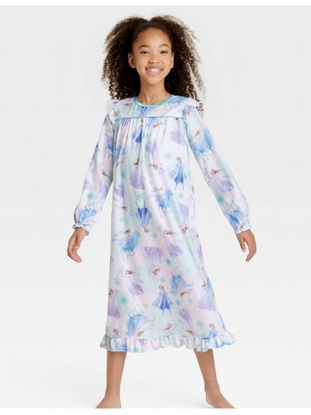 Disney Frozen Elsa Girls Nightgown Pajama XS Blue Ruffle Hem Long Sleeve Sleepwe